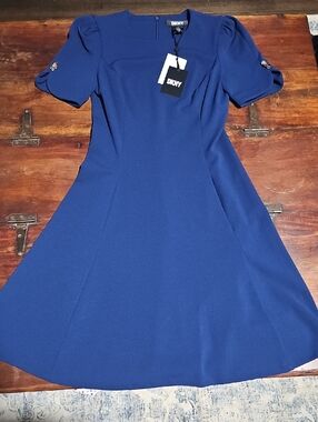 DKNY Navy Blue Fit-and-Flare Midi Dress